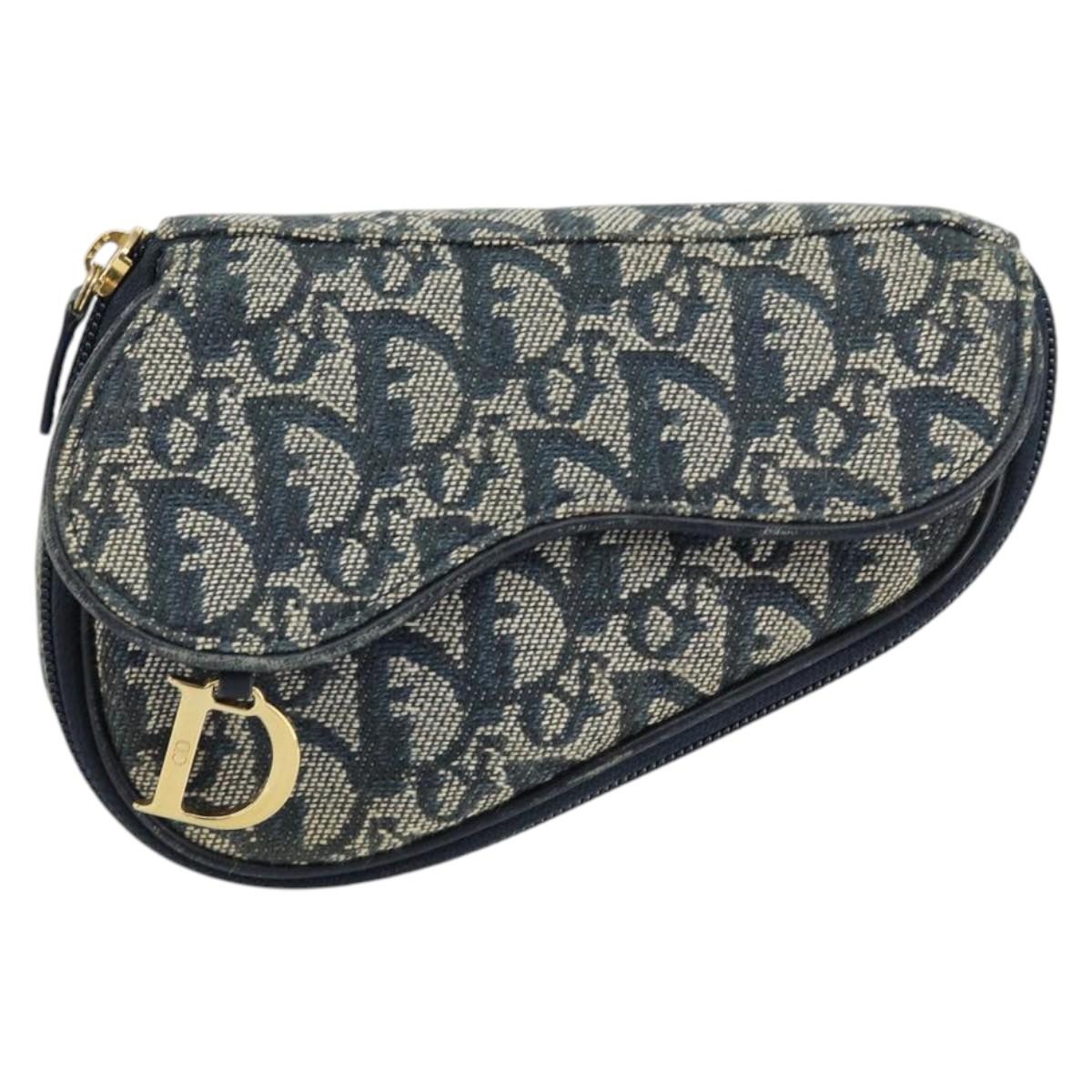 Christian Dior Trotter Canvas Saddle Pouch Blue Gold Auth 147560