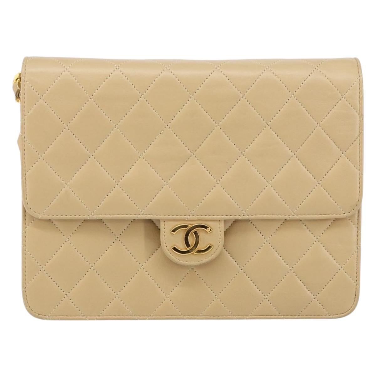 CHANEL Matelasse Chain Shoulder Bag Lamb Skin Beige Gold CC Auth 147627