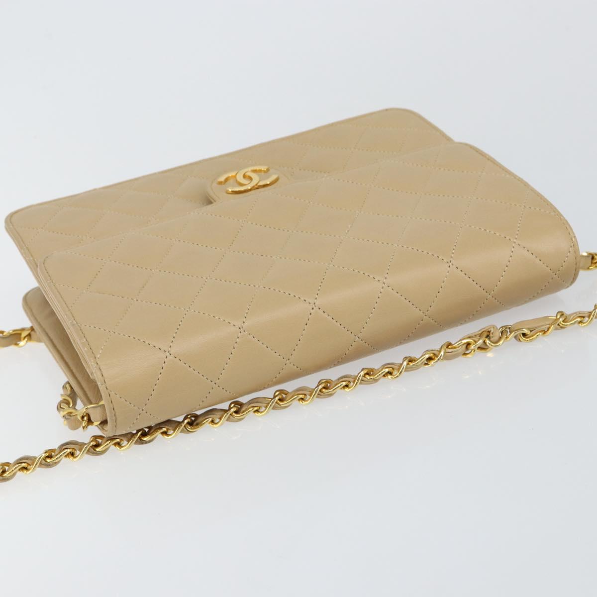 CHANEL Matelasse Chain Shoulder Bag Lamb Skin Beige Gold CC Auth 147627