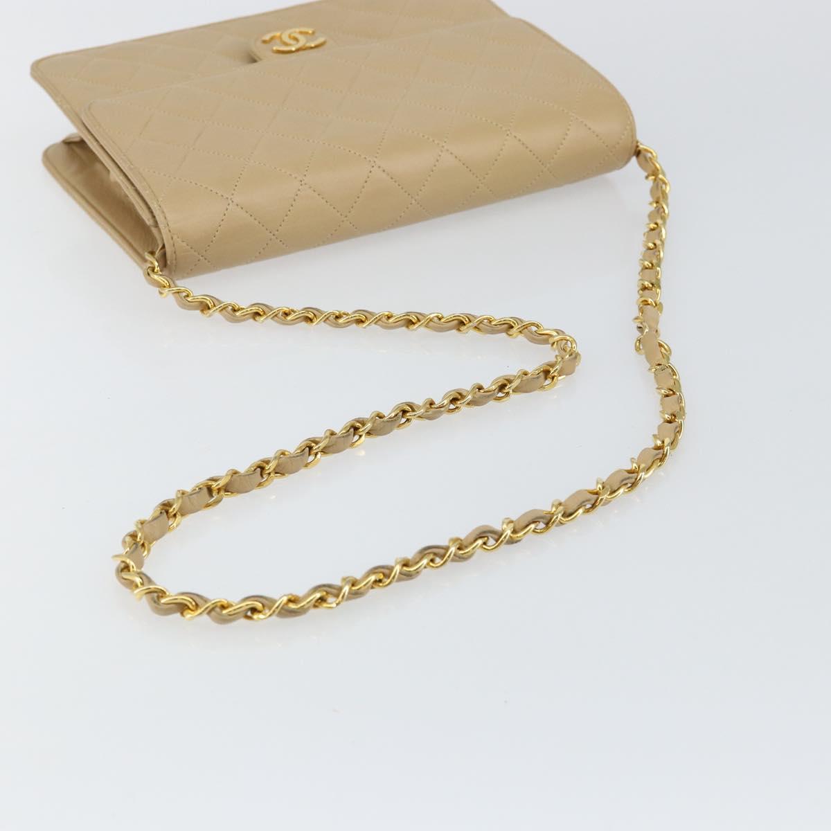 CHANEL Matelasse Chain Shoulder Bag Lamb Skin Beige Gold CC Auth 147627