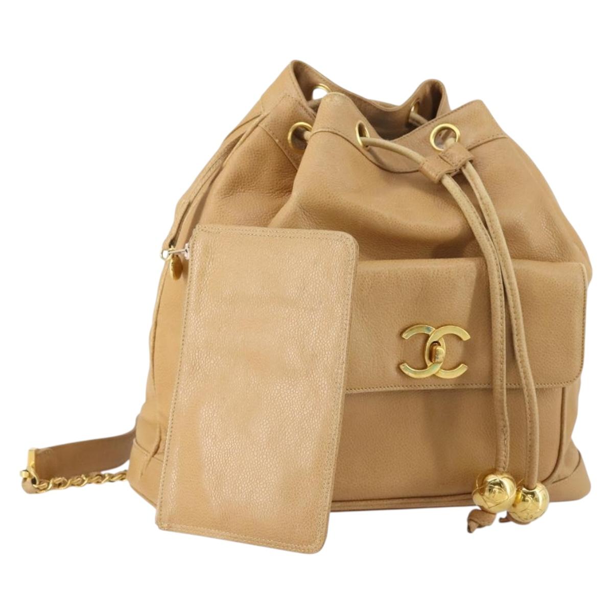 CHANEL Backpack Caviar Skin Beige Gold CC Auth 147672