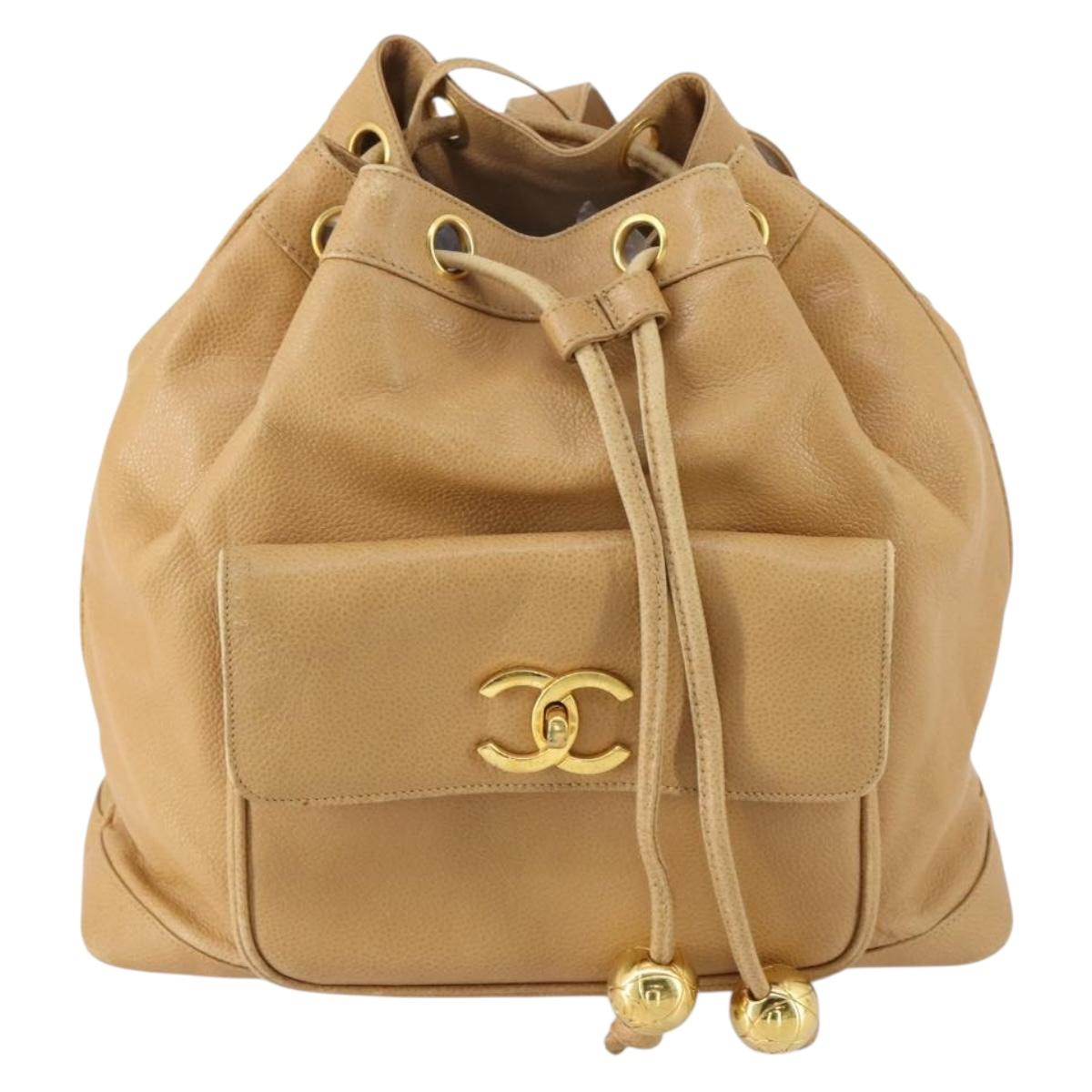 CHANEL Backpack Caviar Skin Beige Gold CC Auth 147672