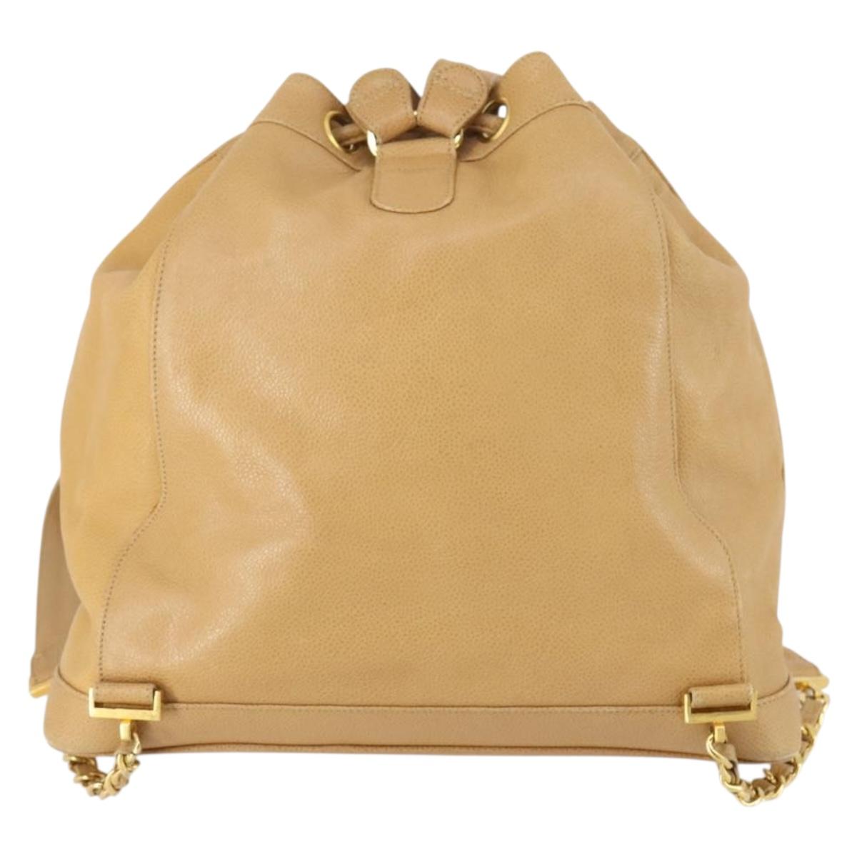 CHANEL Backpack Caviar Skin Beige Gold CC Auth 147672