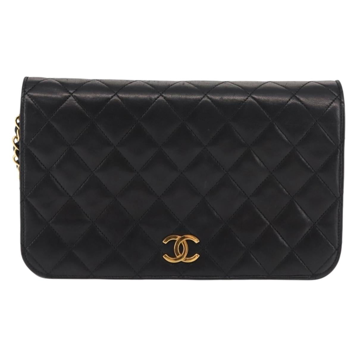 CHANEL Matelasse Chain Shoulder Bag Lamb Skin Black Gold CC Auth 147673