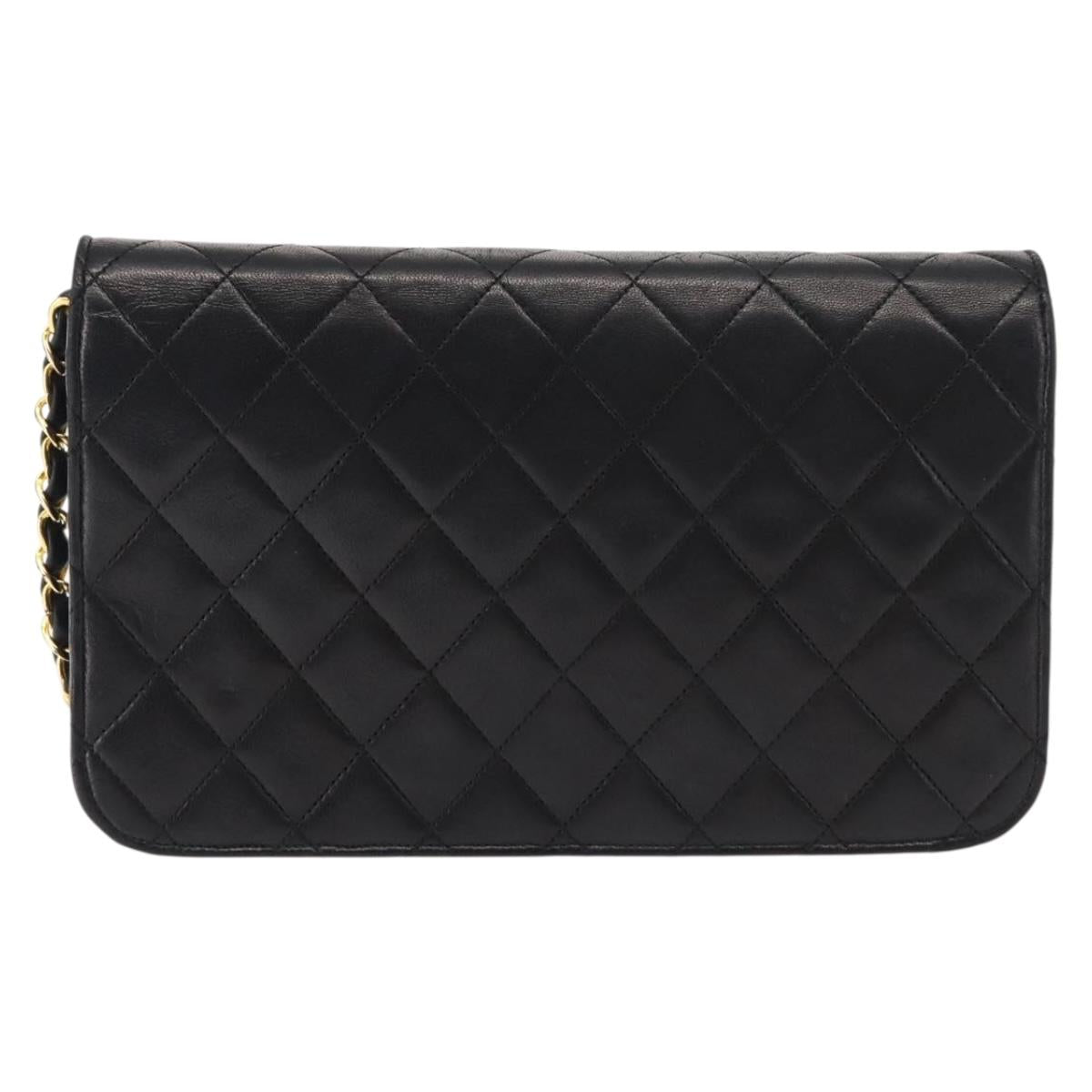 CHANEL Matelasse Chain Shoulder Bag Lamb Skin Black Gold CC Auth 147673