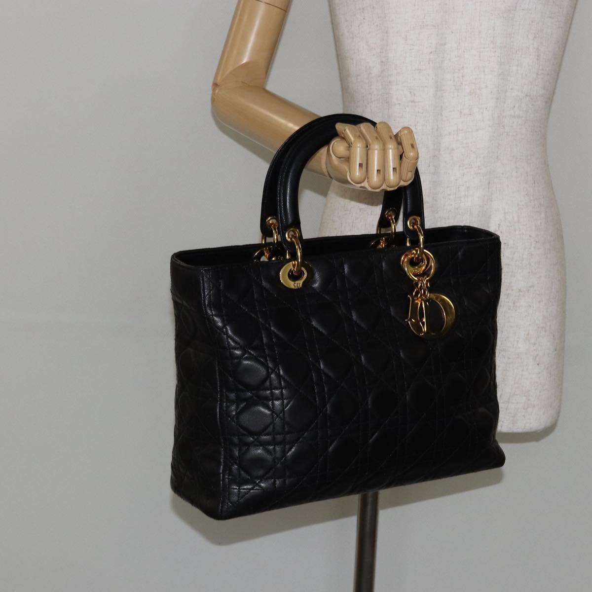 Christian Dior Lady Dior Canage Hand Bag Lamb Skin Black Auth 147686