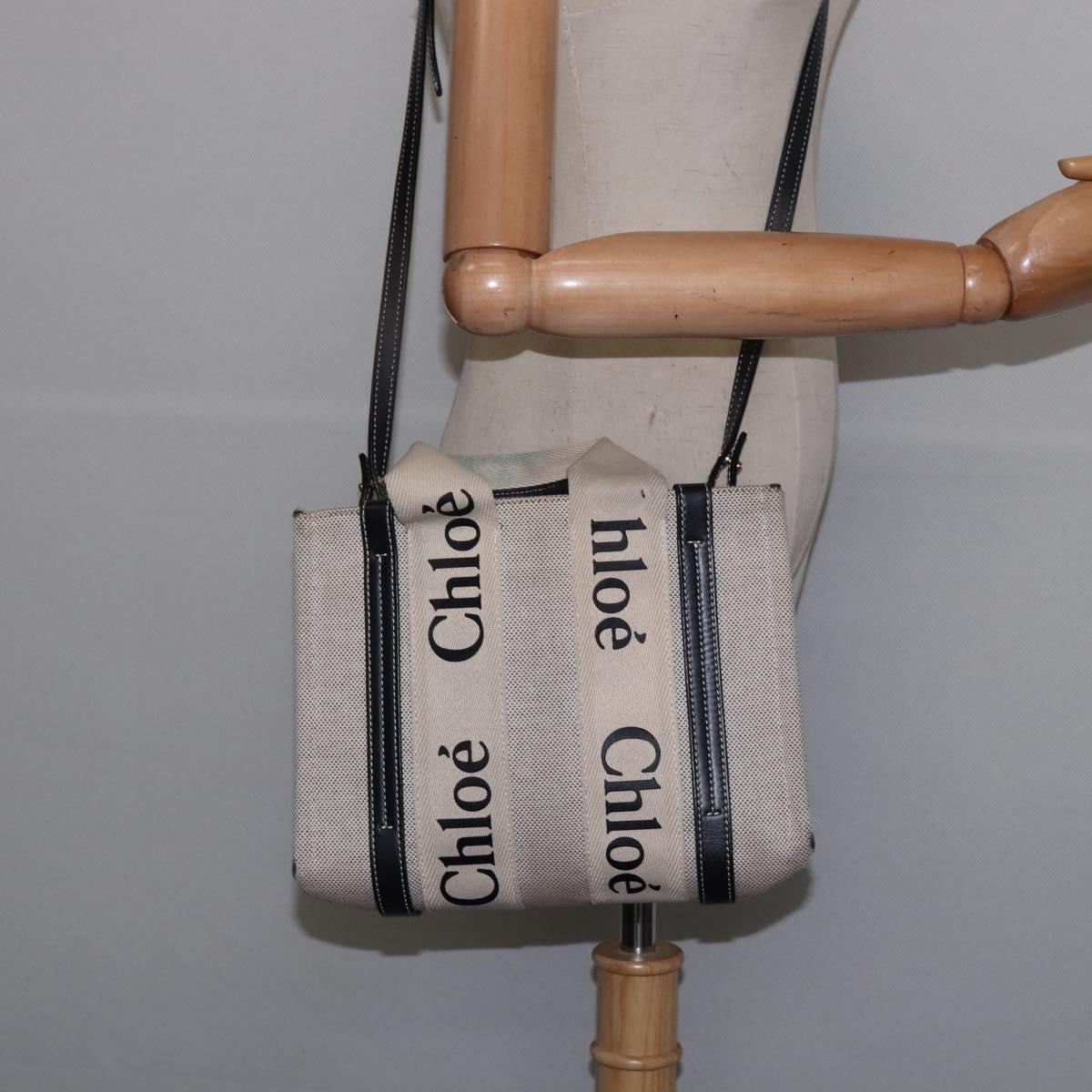 Chloe Woody Small Hand Bag Canvas 2way Beige Navy Auth 147711
