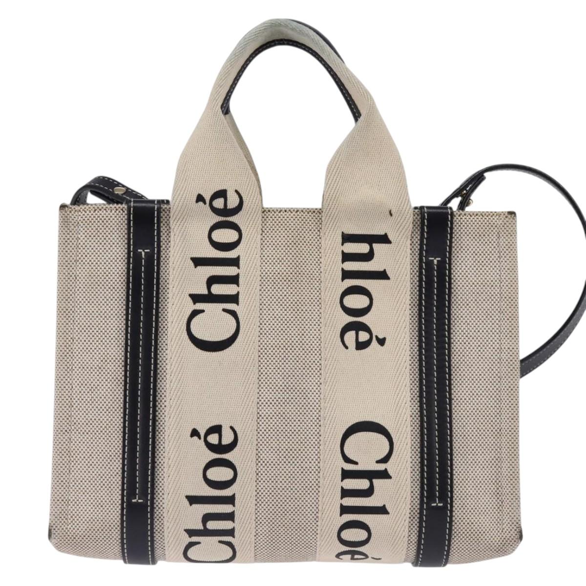 Chloe Woody Small Hand Bag Canvas 2way Beige Navy Auth 147711