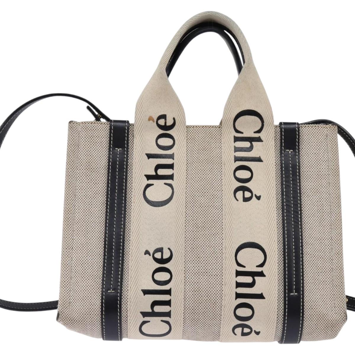 Chloe Woody Small Hand Bag Canvas 2way Beige Navy Auth 147711