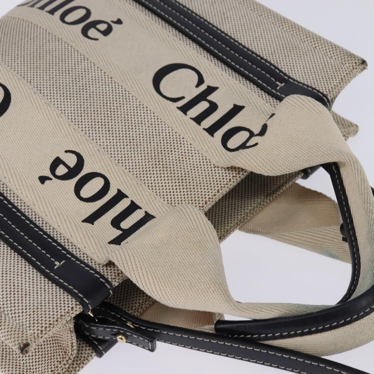 Chloe Woody Small Hand Bag Canvas 2way Beige Navy Auth 147711