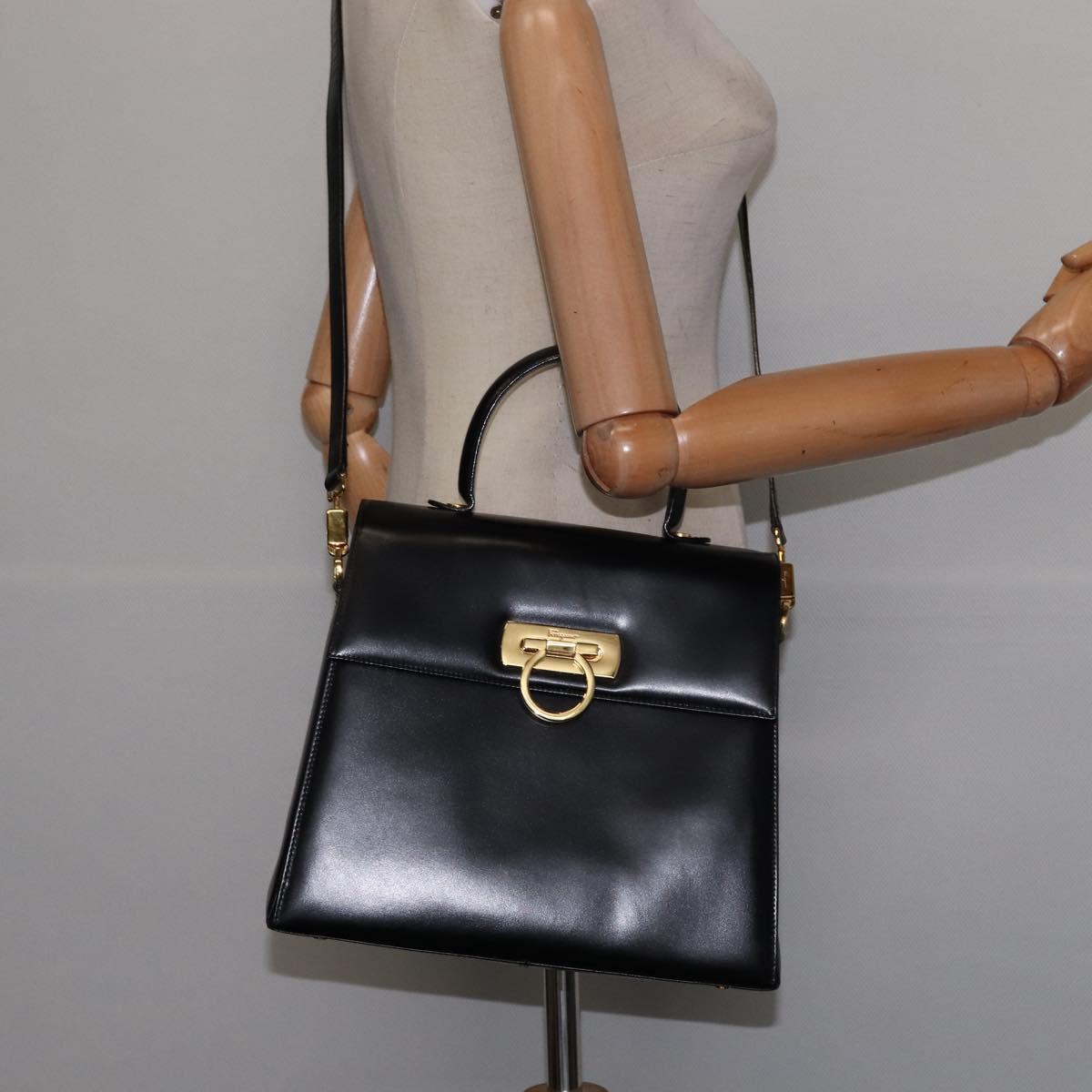 Salvatore Ferragamo Gancini Hand Bag Leather 2way Black Gold Auth 147713
