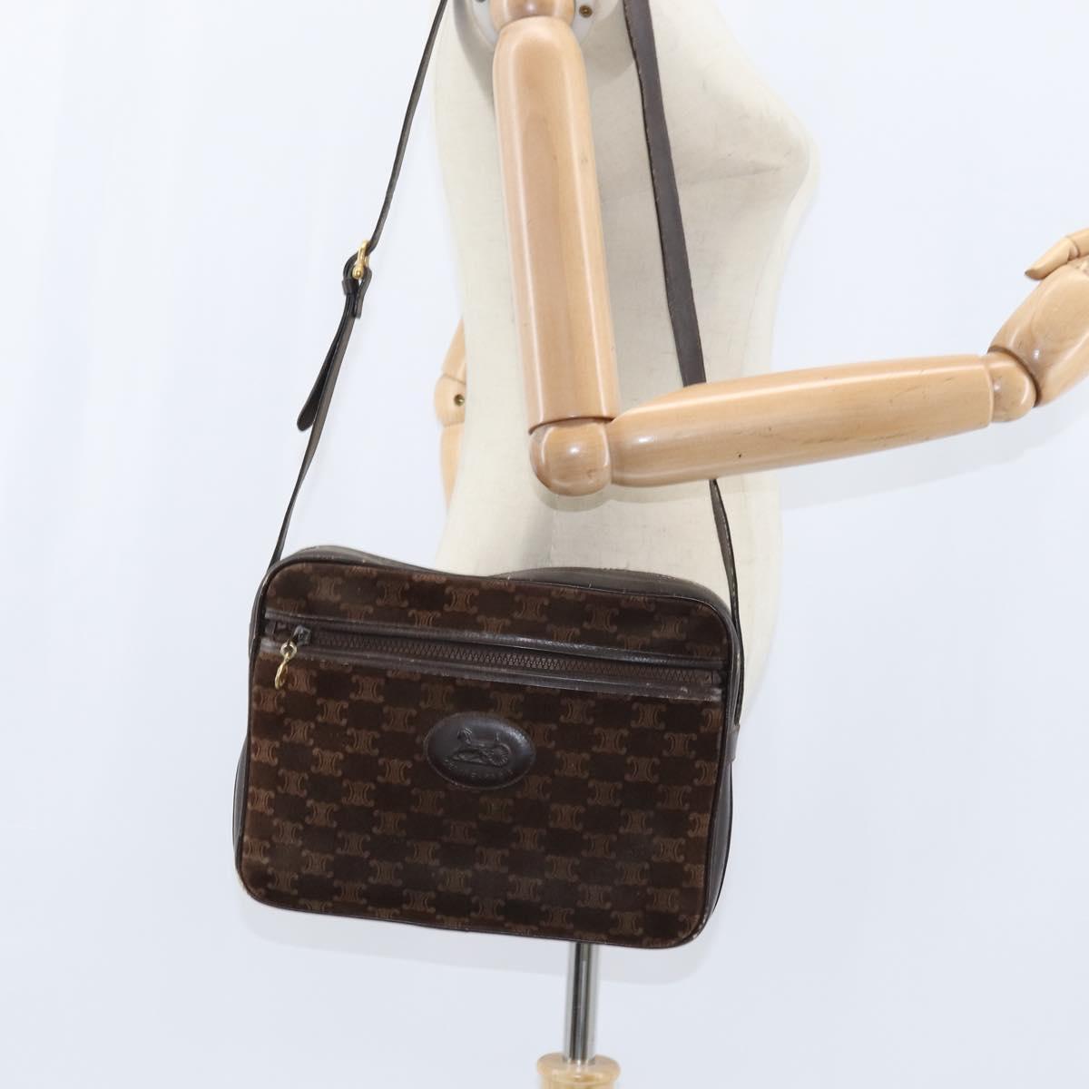 CELINE Macadam Canvas Shoulder Bag Suede Brown Gold Auth 147778