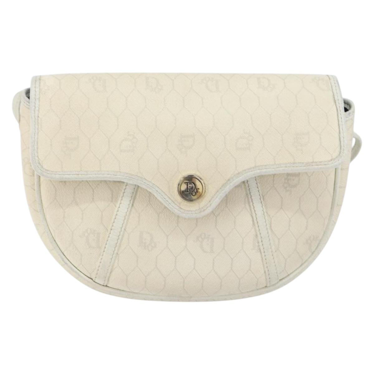 Christian Dior Honeycomb Canvas Chain Shoulder Bag PVC White Gold Auth 147788