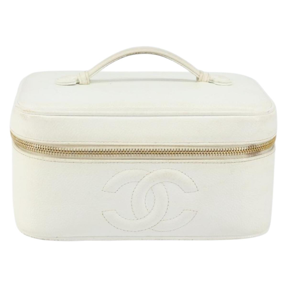 CHANEL Bicolore Vanity Bag Caviar Skin White Gold CC Auth 147795