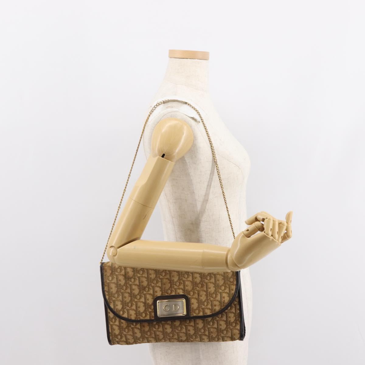 Christian Dior Trotter Canvas Chain Shoulder Bag Brown Gold Auth 147883