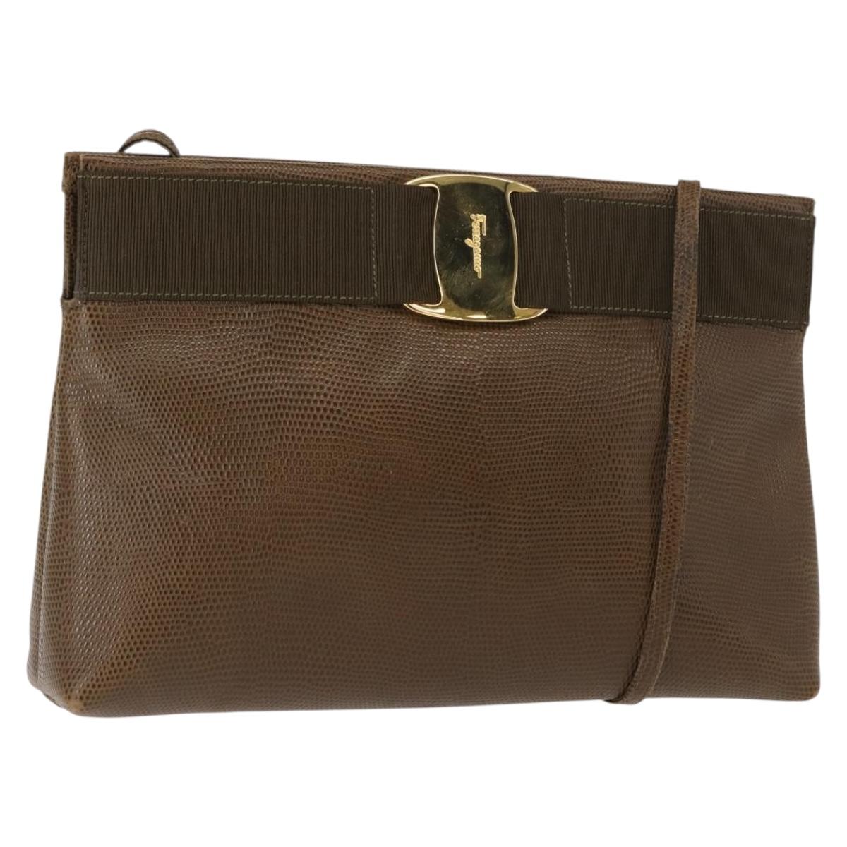 Salvatore Ferragamo Vala Shoulder Bag Leather Khaki Gold Auth 147889