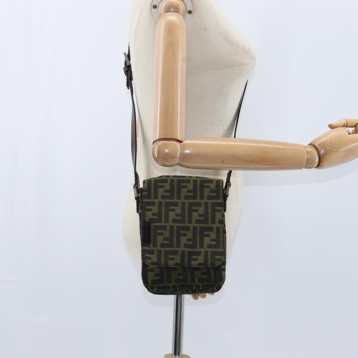 FENDI Zucca Canvas Shoulder Bag Brown Black Auth 147906