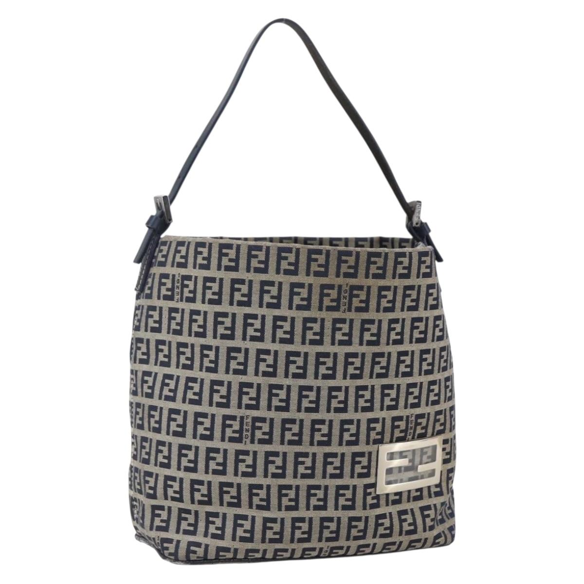 FENDI Zucchino Canvas Shoulder Bag Navy Silver Auth 147907