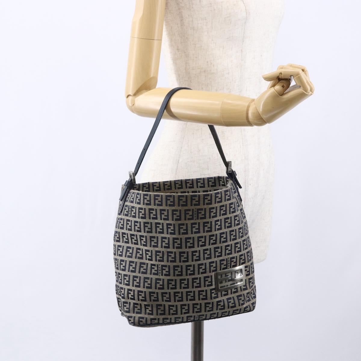 FENDI Zucchino Canvas Shoulder Bag Navy Silver Auth 147907