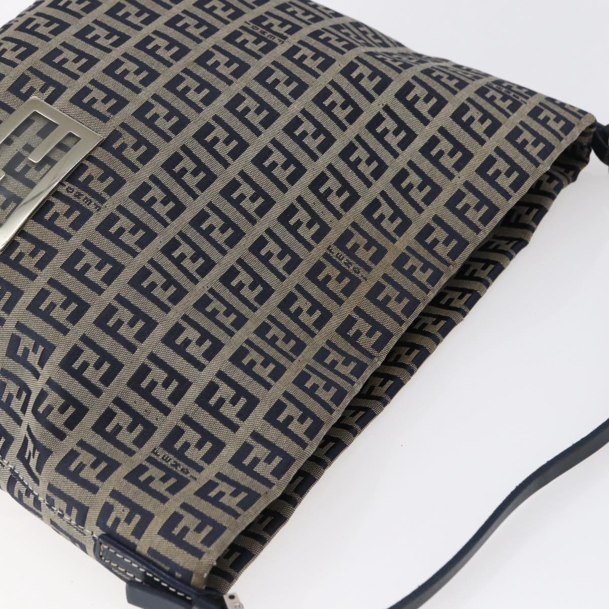 FENDI Zucchino Canvas Shoulder Bag Navy Silver Auth 147907
