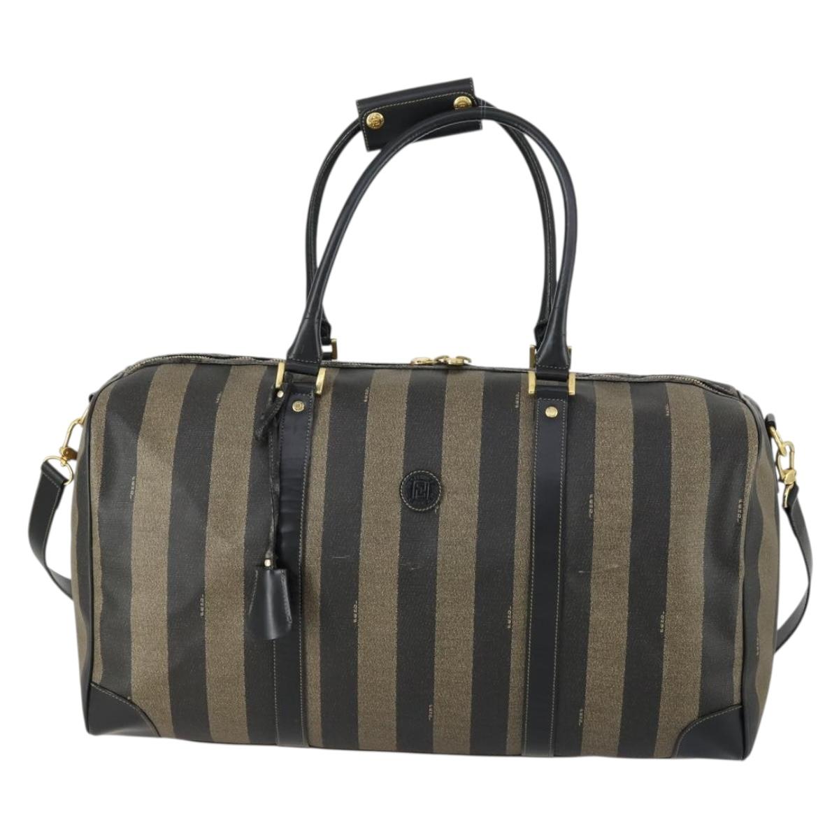 FENDI Pecan Canvas Boston Bag PVC 2way Black Brown gold Auth 147908