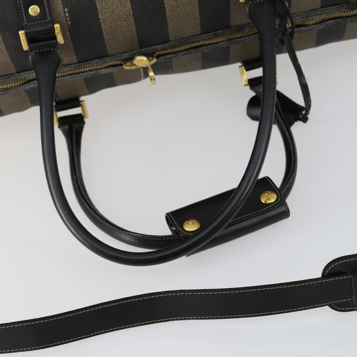 FENDI Pecan Canvas Boston Bag PVC 2way Black Brown gold Auth 147908
