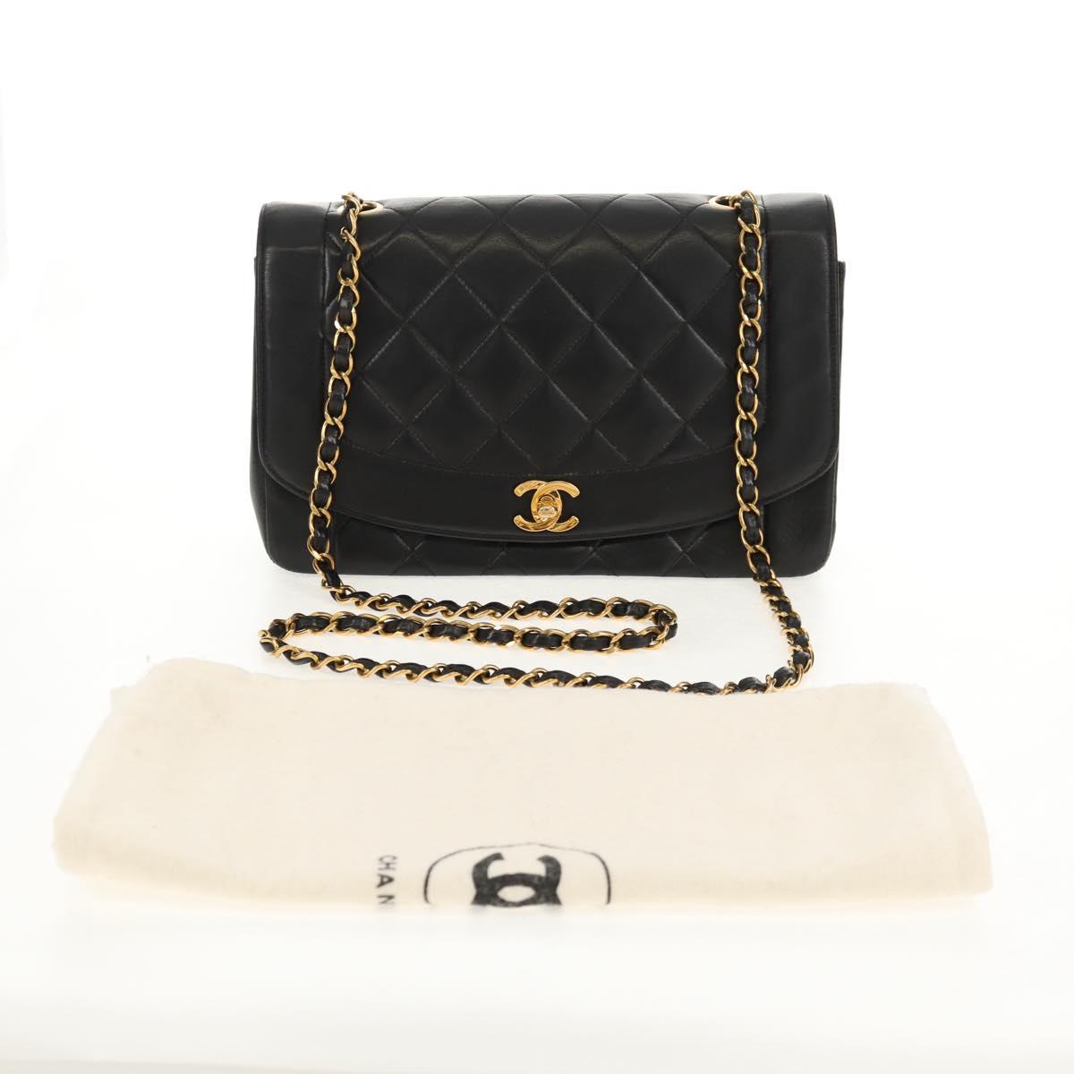 CHANEL Matelasse Chain Diana Shoulder Bag Lamb Skin Black Gold CC Auth 147913V
