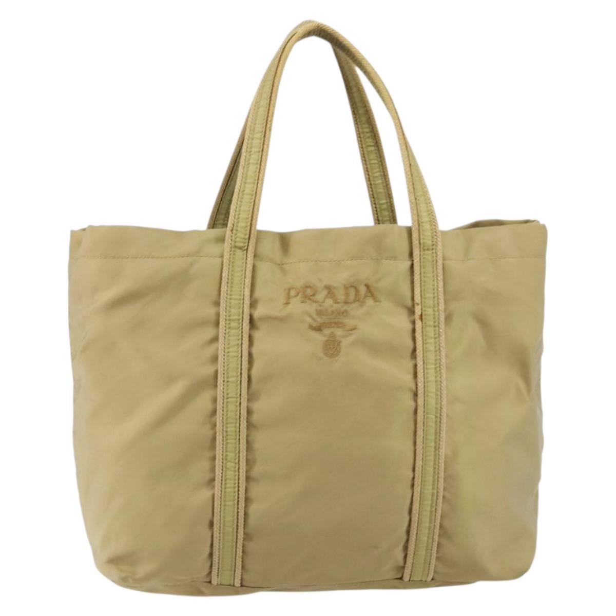 PRADA Tote Bag Nylon Beige Silver Auth 147952