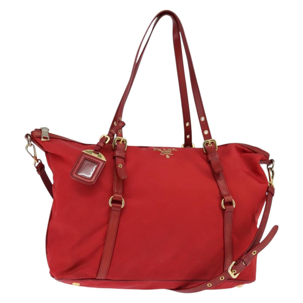 PRADA Tote Bag Nylon 2way Red Gold Auth 147953
