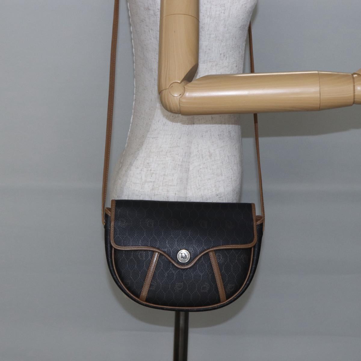 Christian Dior Honeycomb Canvas Shoulder Bag PVC Black Brown gold Auth 147960