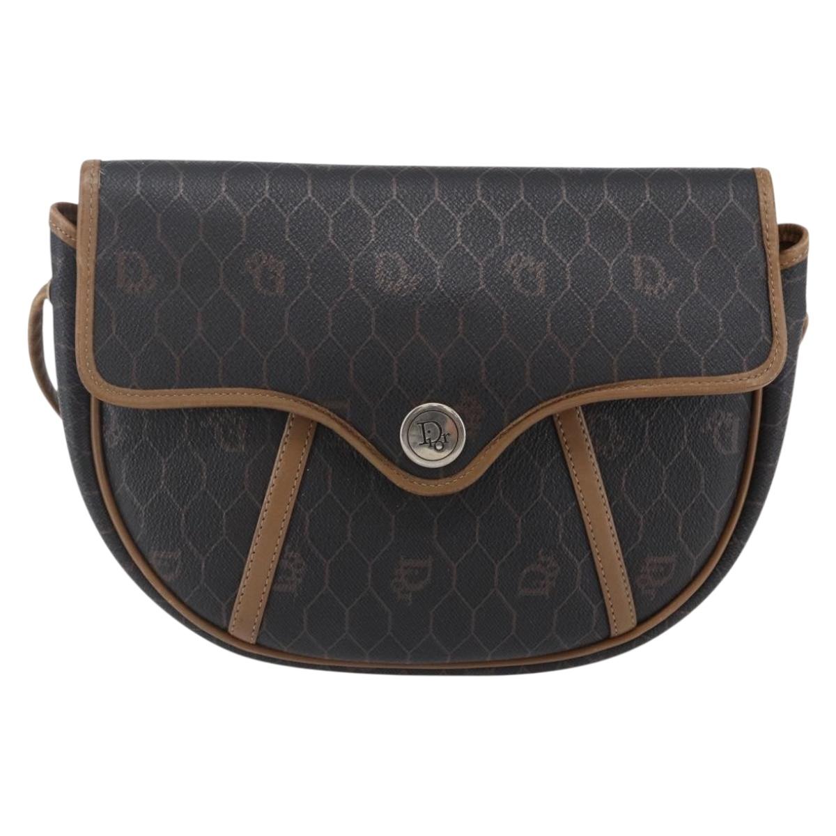 Christian Dior Honeycomb Canvas Shoulder Bag PVC Black Brown gold Auth 147960