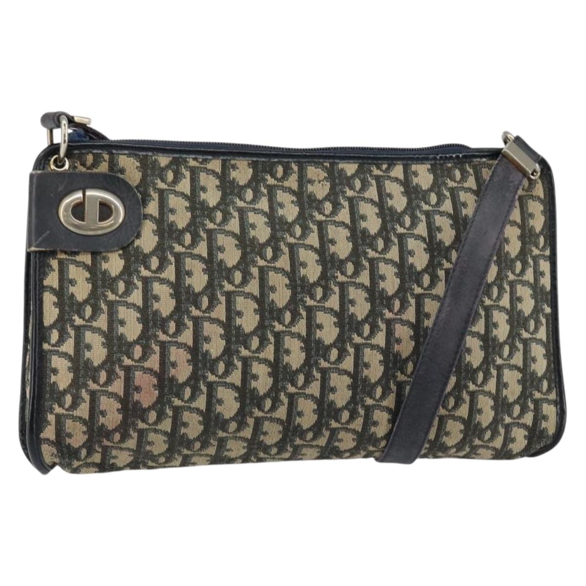 Christian Dior Trotter Canvas Shoulder Bag Navy Gold Auth 147961