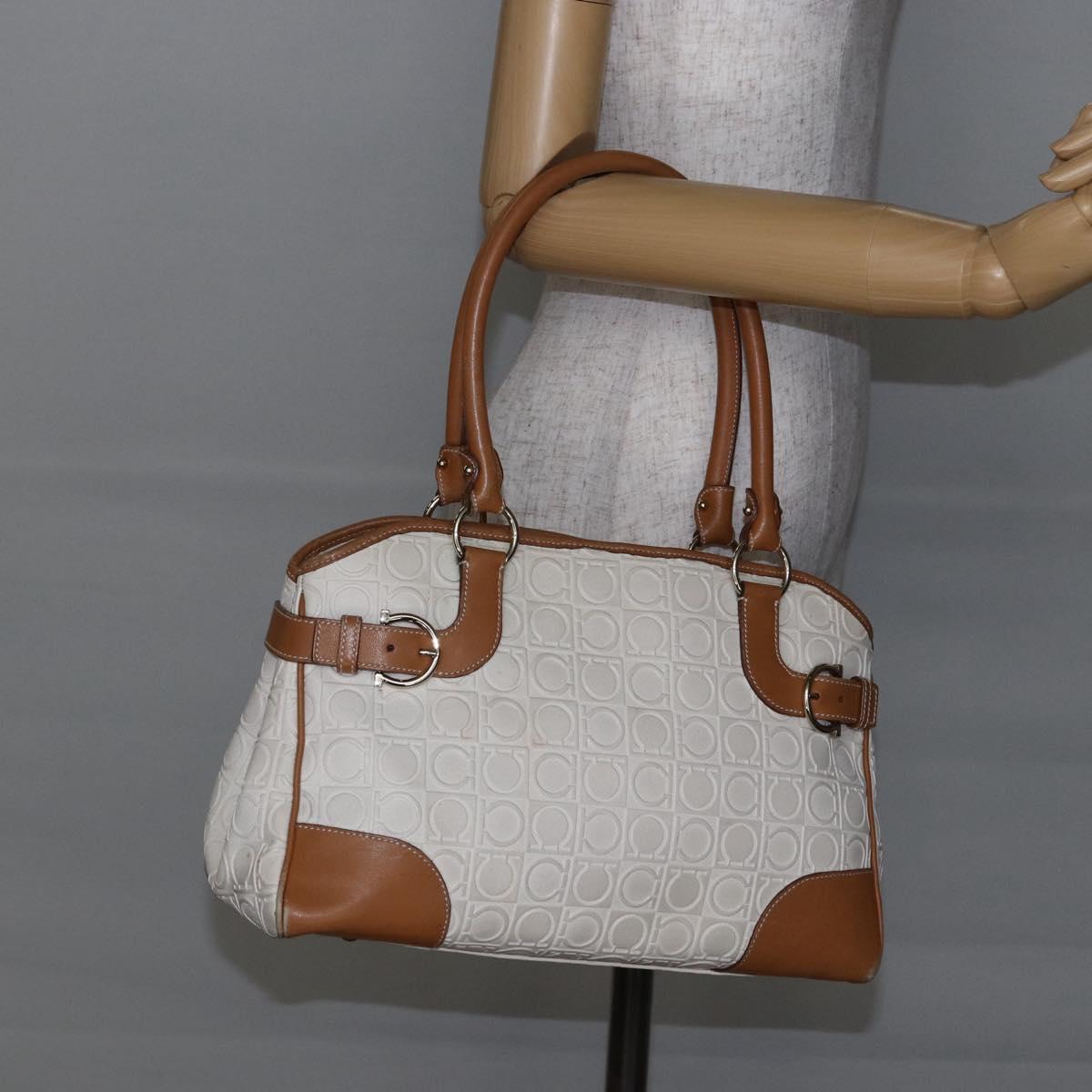 Salvatore Ferragamo Gancini Hand Bag Leather Ivory Gold Auth 147963