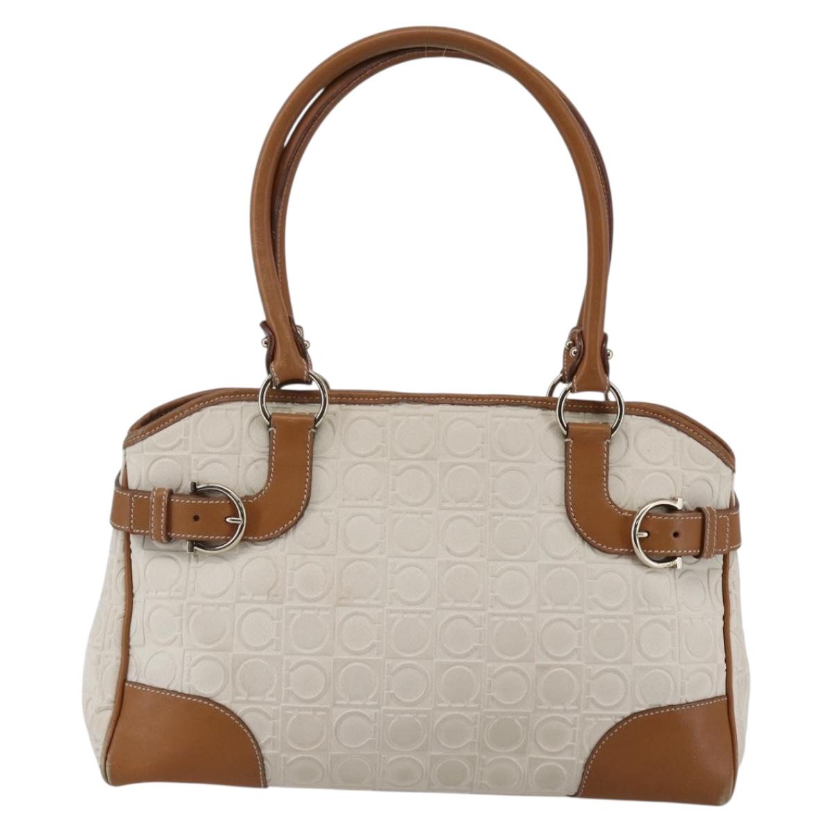 Salvatore Ferragamo Gancini Hand Bag Leather Ivory Gold Auth 147963