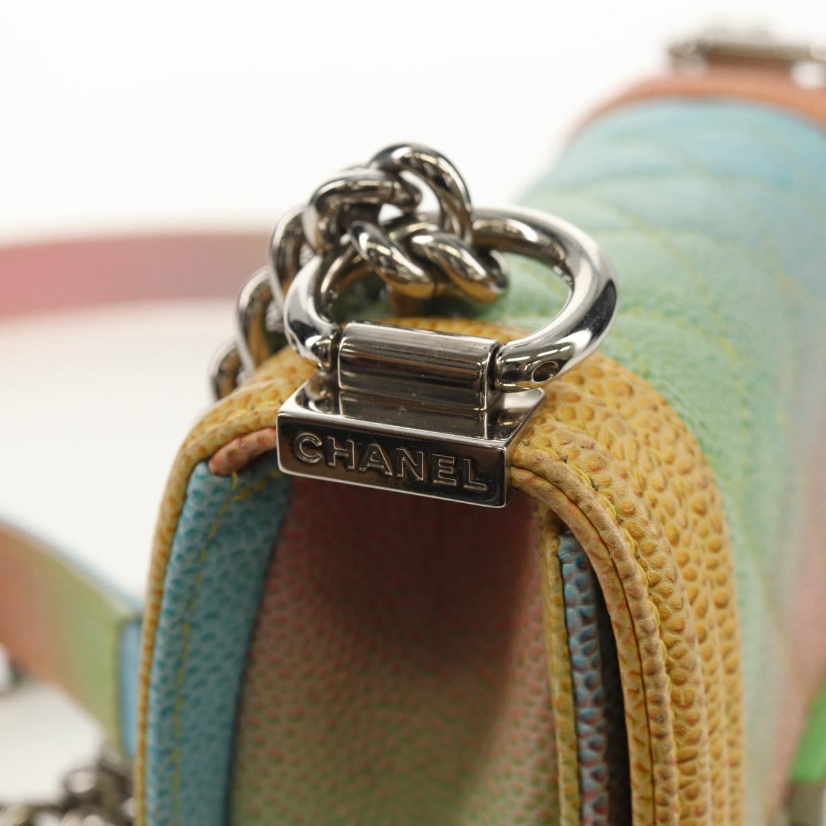 CHANEL Chain Boy Chanel Shoulder Bag Caviar Skin Silver Rainbow CC Auth 147968SM