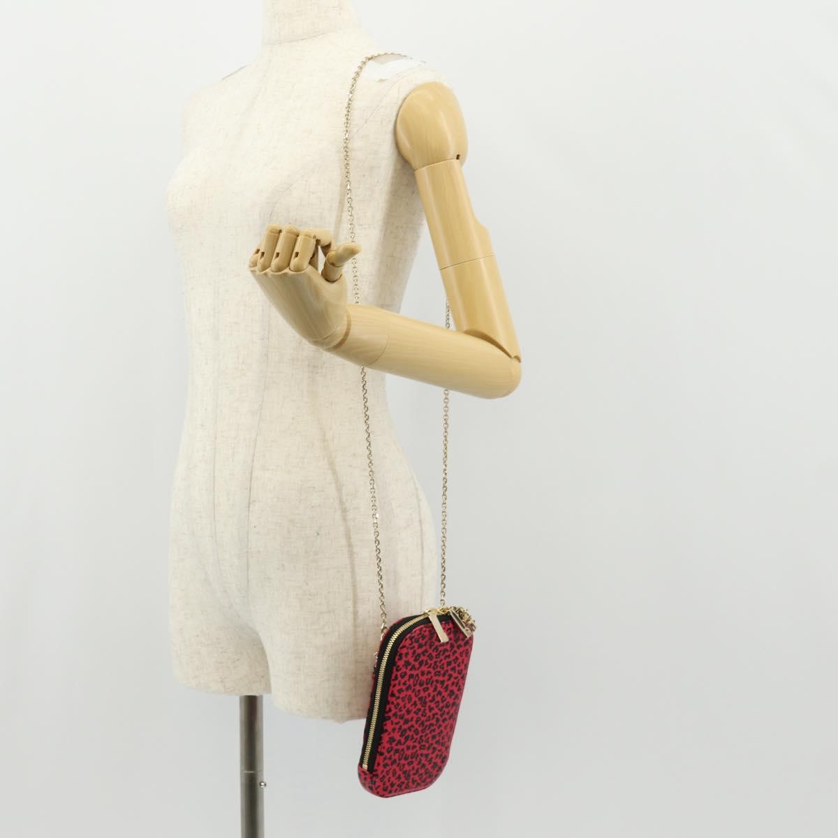 Christian Dior Chain Phone Pouch Leather 2way Red Gold Auth 147971M