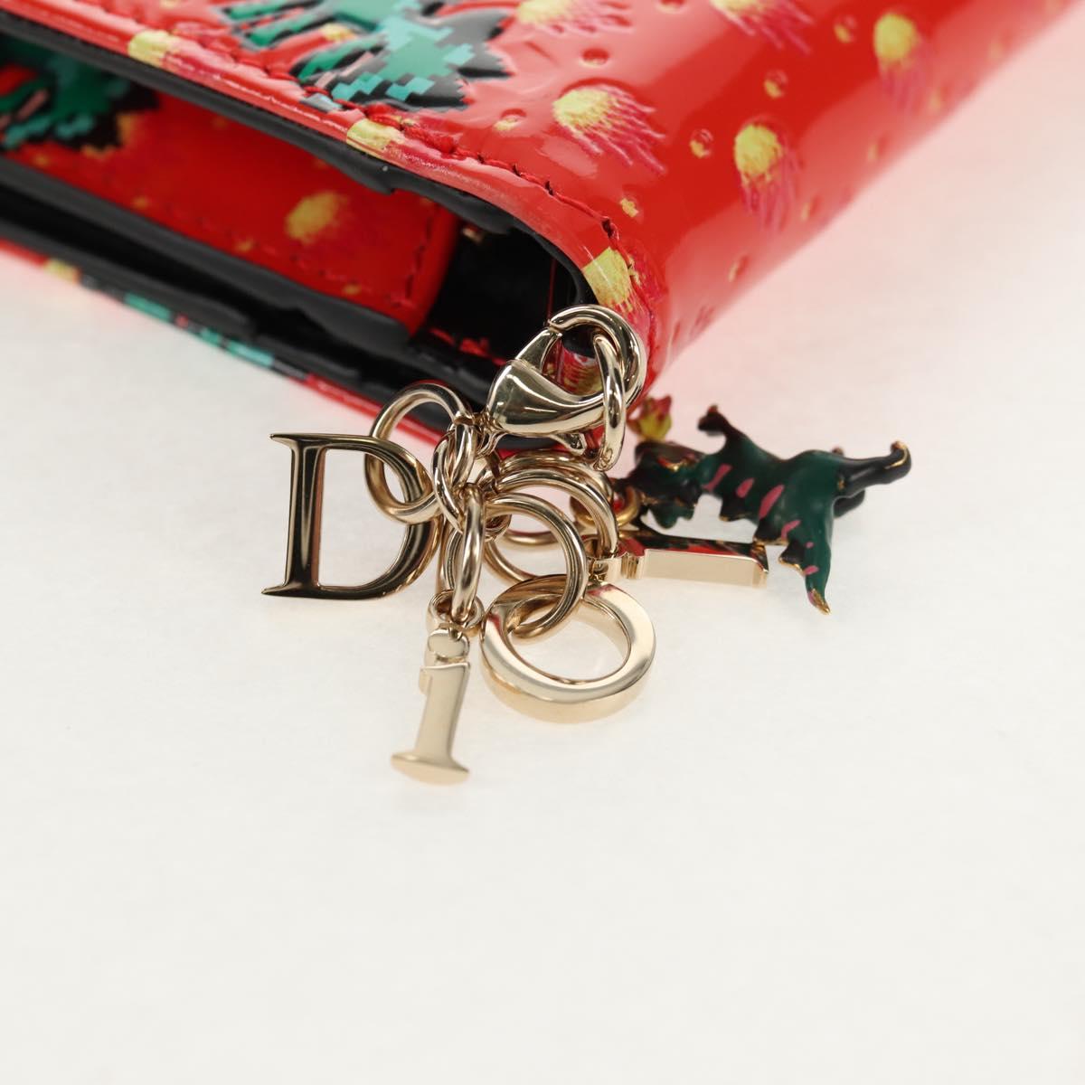 Christian Dior Compact Wallet Patent leather Red Gold Auth 147975M