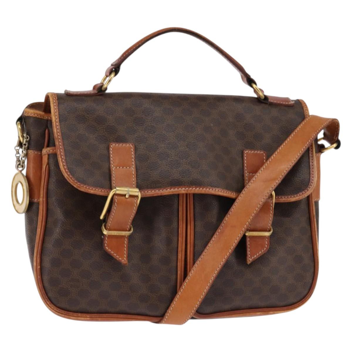 CELINE Macadam Canvas Circle Shoulder Bag PVC Leather Brown Gold Auth 147994