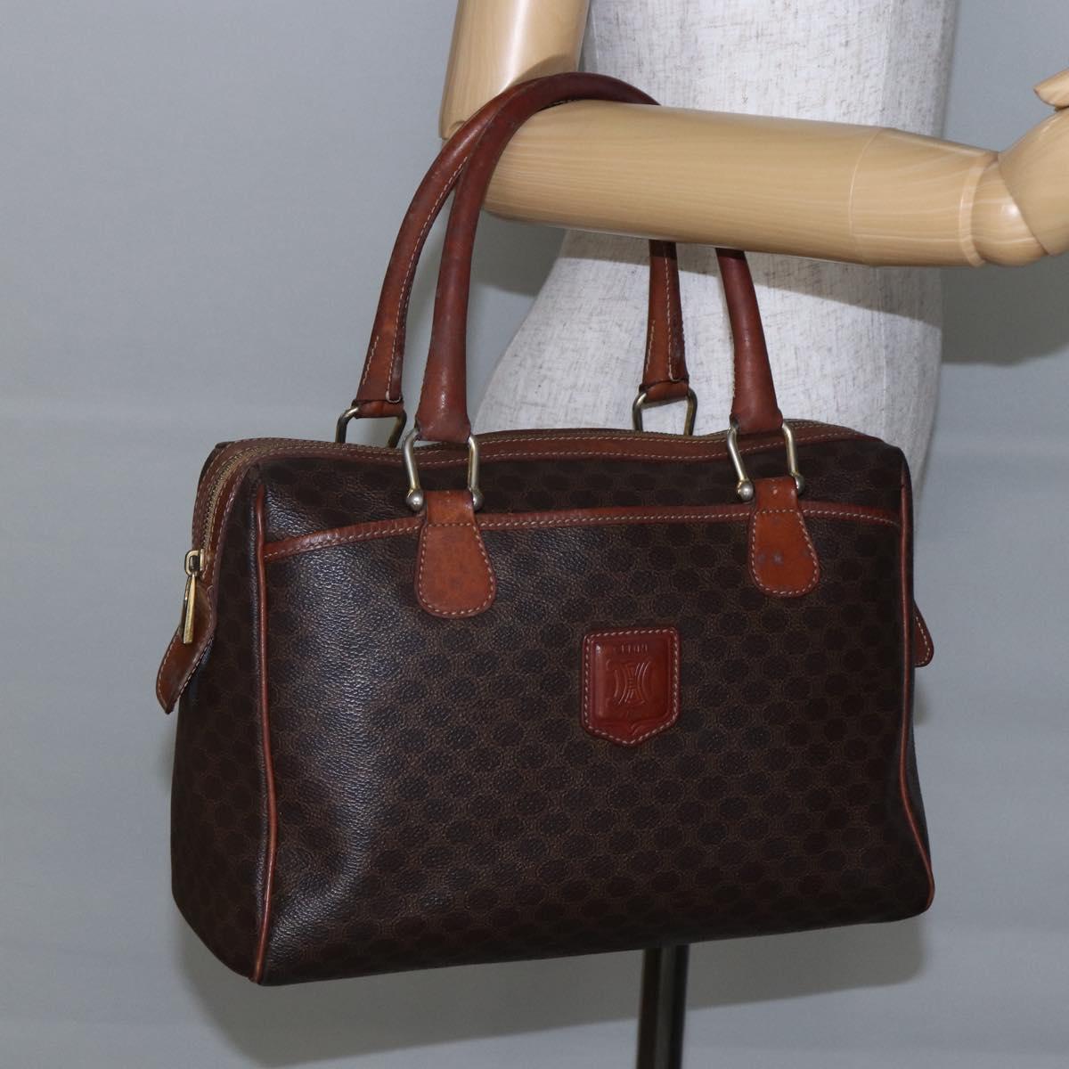 CELINE Macadam Canvas Boston Bag PVC Leather Brown Gold Auth 147995