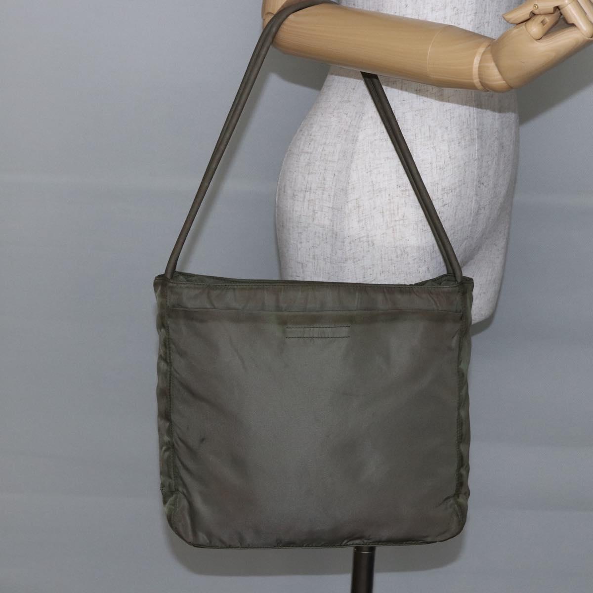 PRADA Tote Bag Nylon Khaki Silver Auth 147997