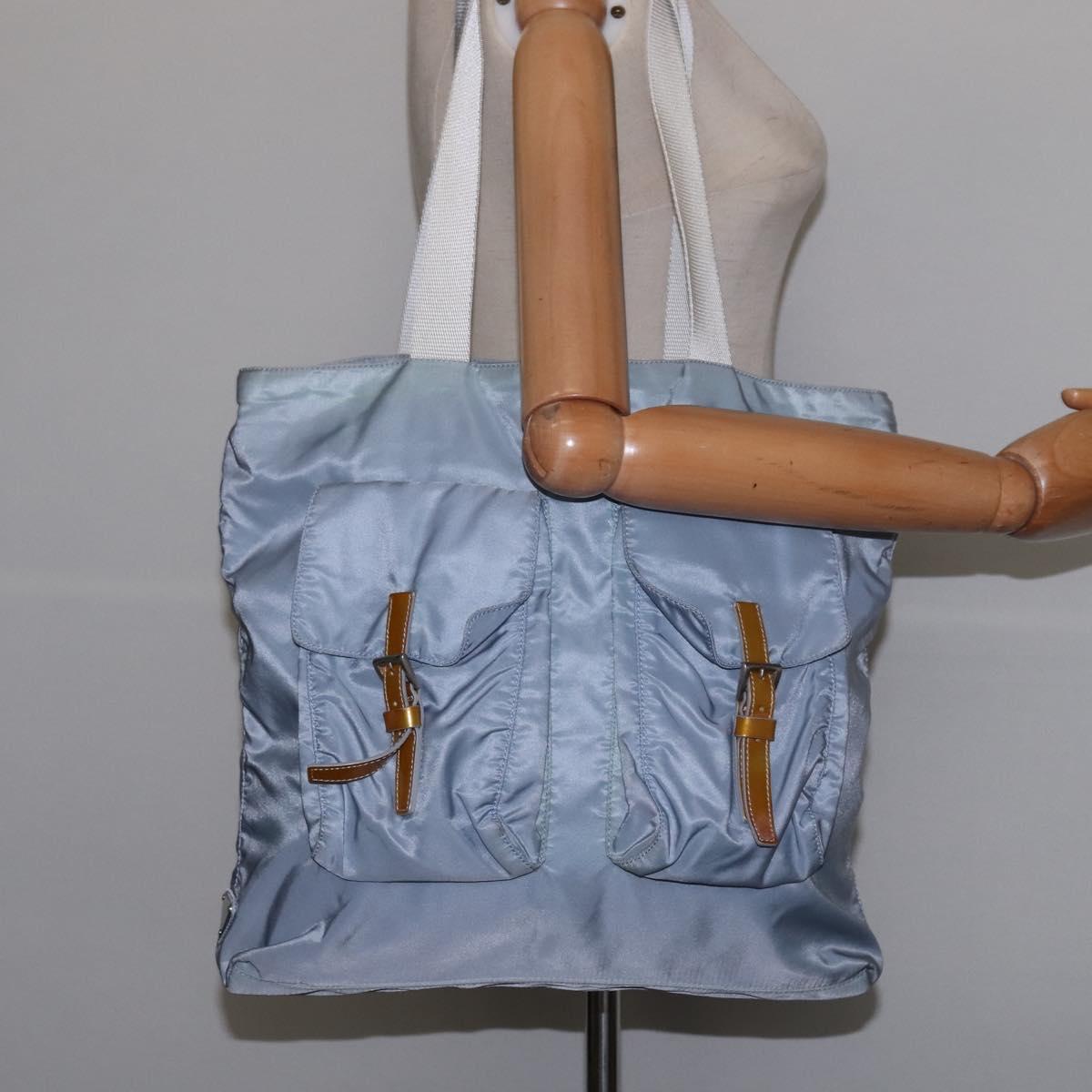 PRADA Tote Bag Nylon Light Blue Silver Auth 147999