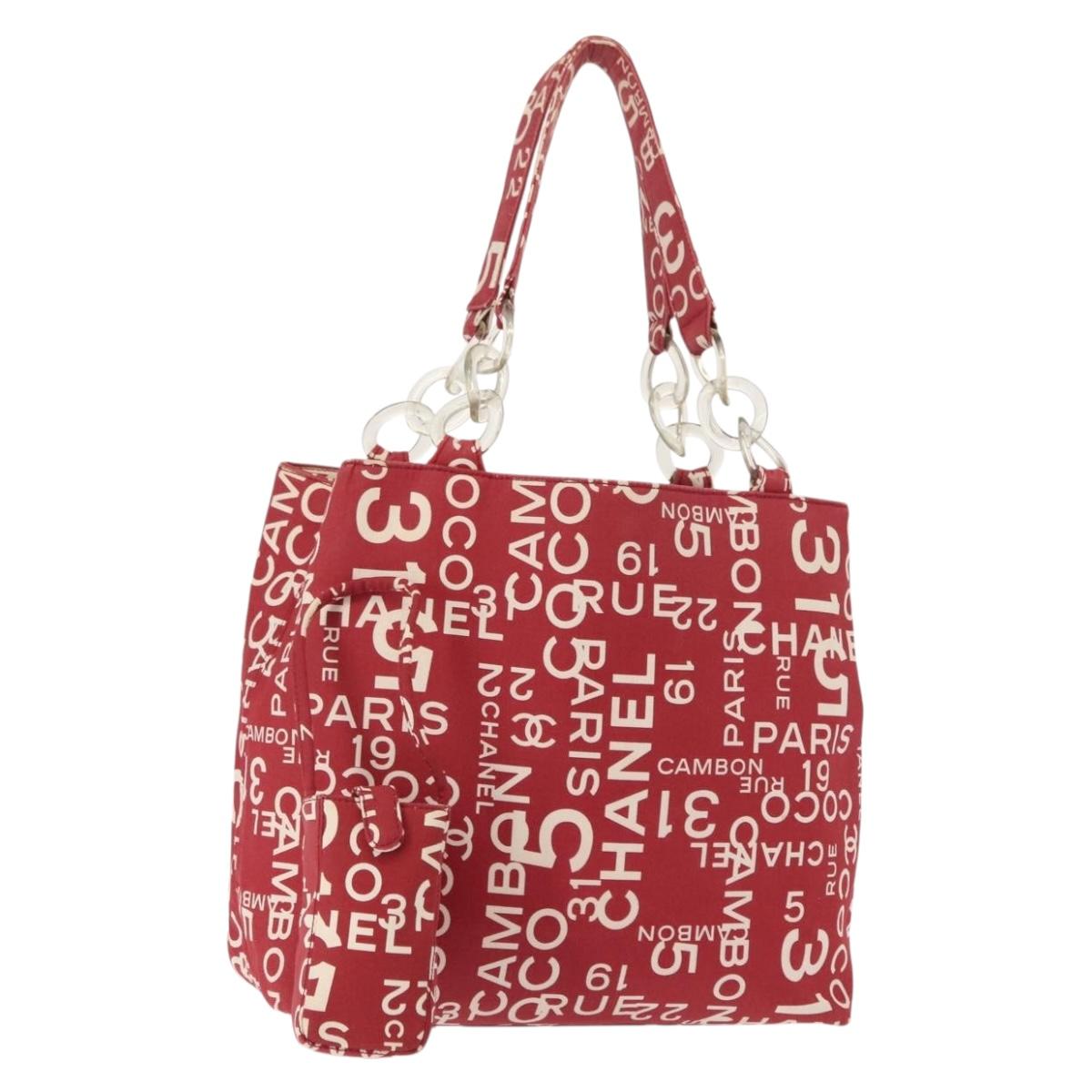 CHANEL Chain Bysy Line Tote Bag Canvas Red CC Auth 148004