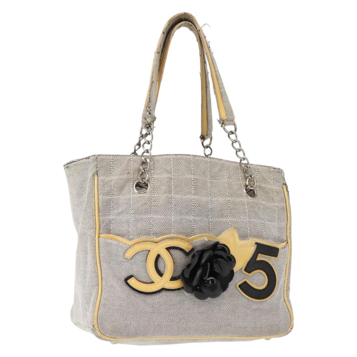 CHANEL Choco Bar Camellia Chain Tote Bag Canvas Gray Silver CC Auth 148029