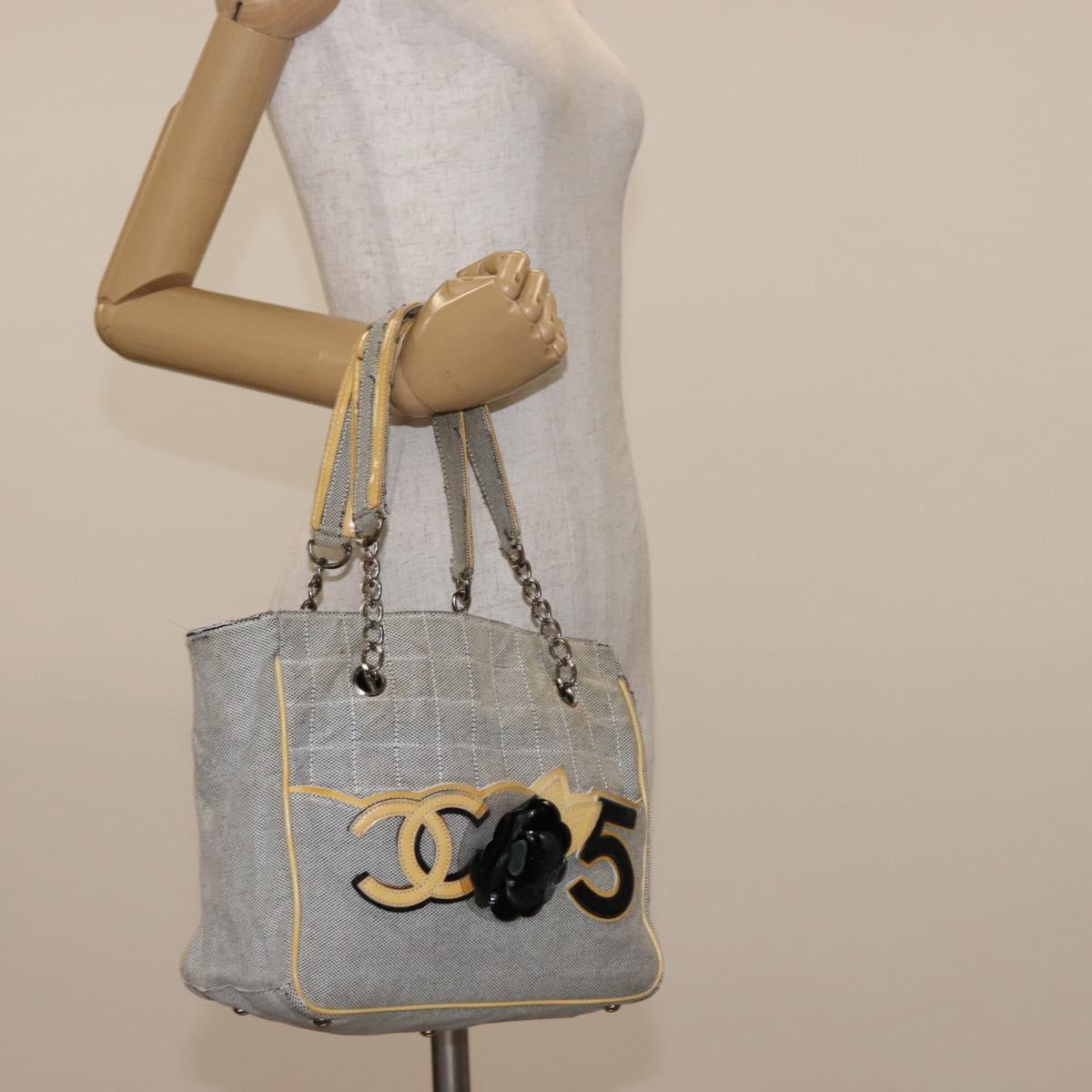CHANEL Choco Bar Camellia Chain Tote Bag Canvas Gray Silver CC Auth 148029