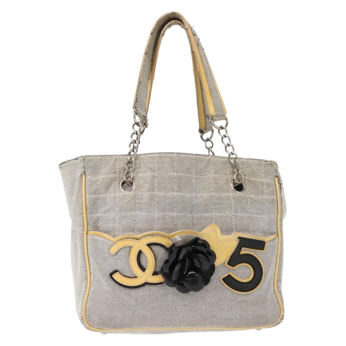 CHANEL Choco Bar Camellia Chain Tote Bag Canvas Gray Silver CC Auth 148029
