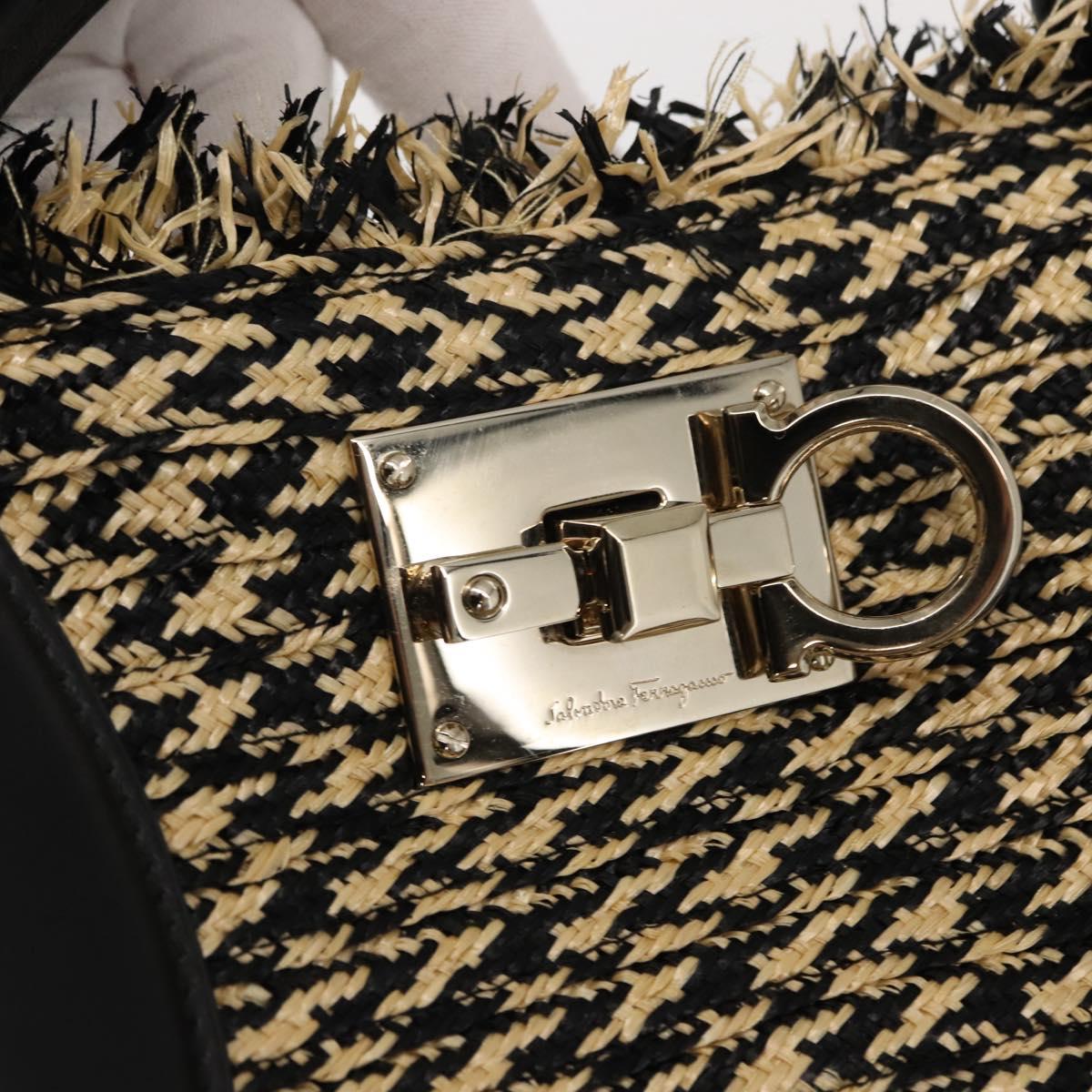 Salvatore Ferragamo Gancini Tote Bag Raffia Leather Black Silver Auth 148033