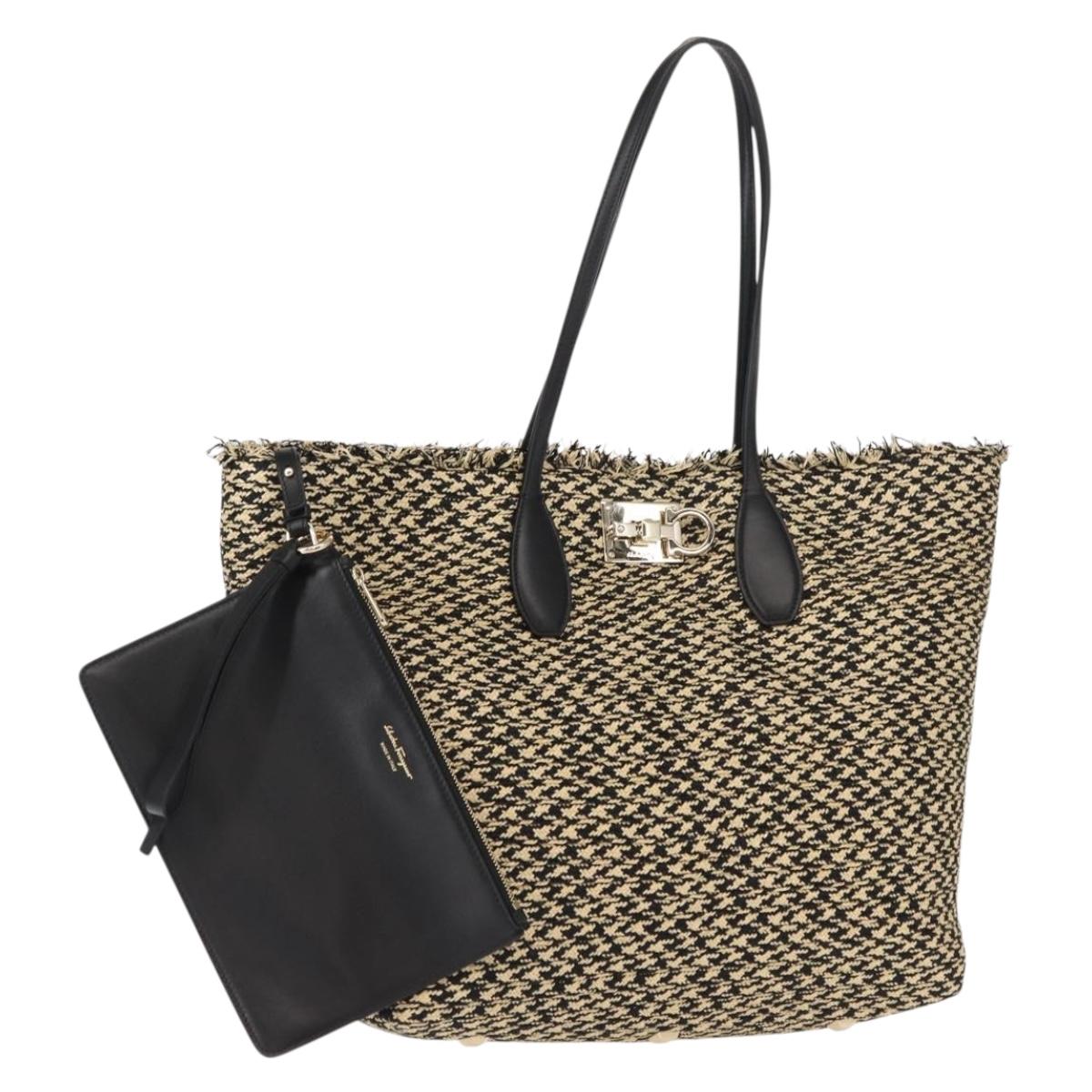 Salvatore Ferragamo Gancini Tote Bag Raffia Leather Black Silver Auth 148033