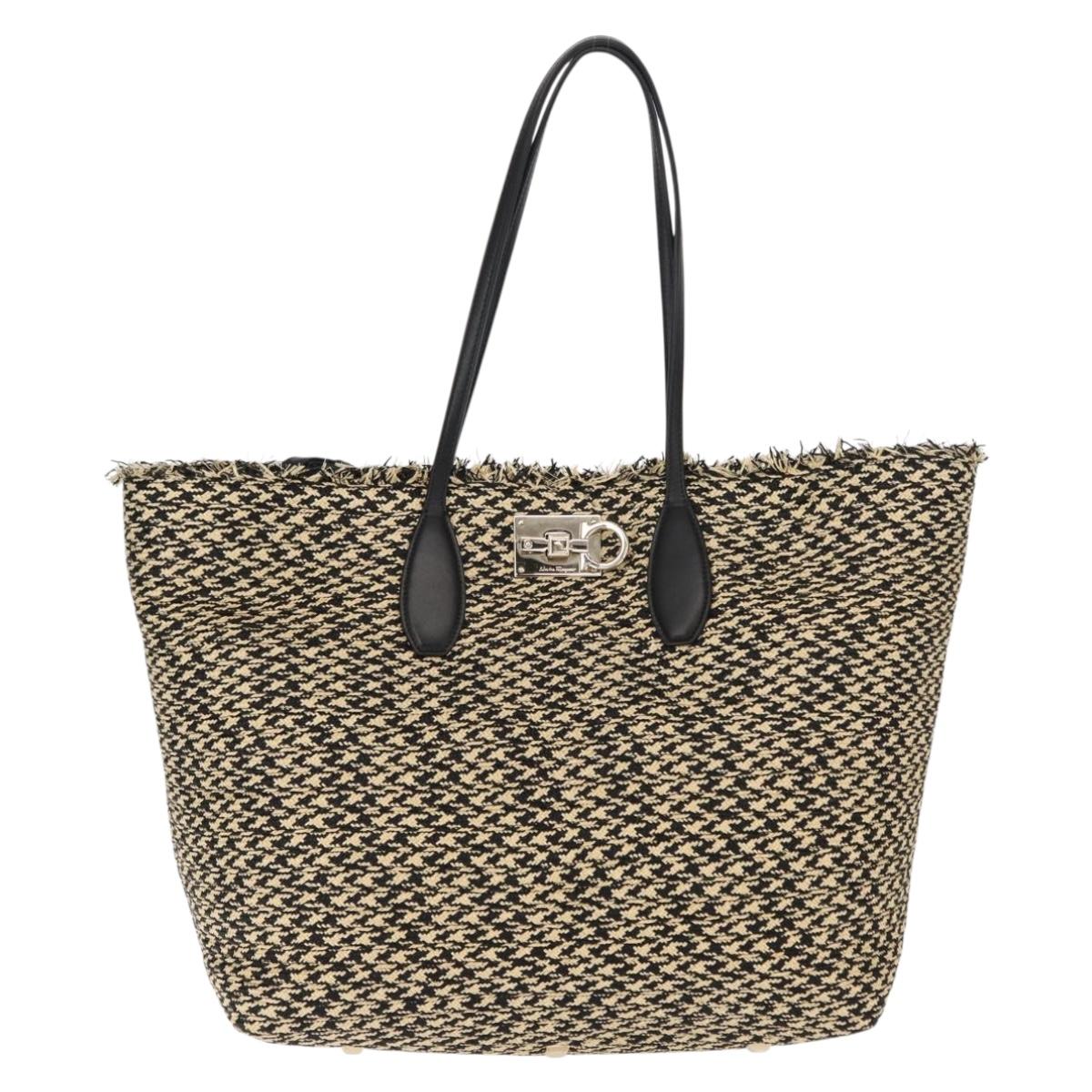 Salvatore Ferragamo Gancini Tote Bag Raffia Leather Black Silver Auth 148033