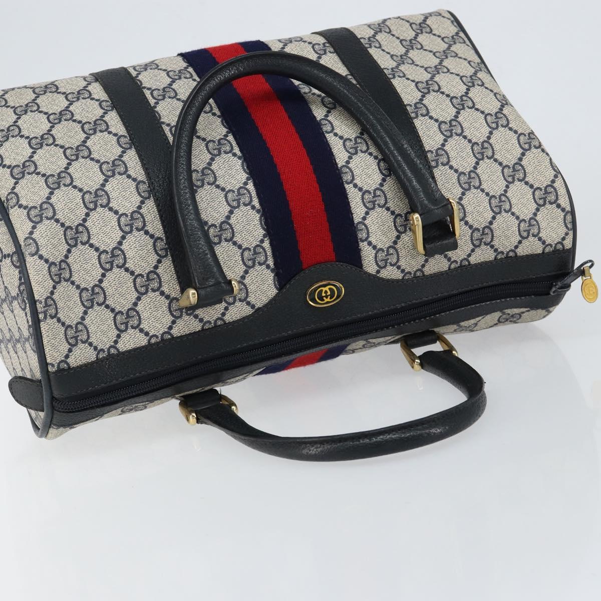 GUCCI GG Supreme Sherry Line Boston Bag PVC Navy Gold Red Auth 148161