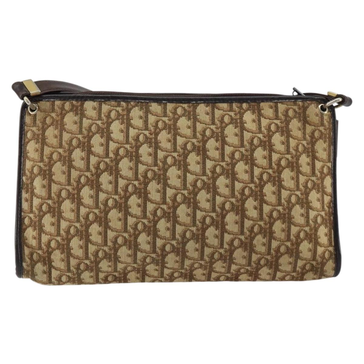 Christian Dior Trotter Canvas Shoulder Bag Beige Gold Auth 148173